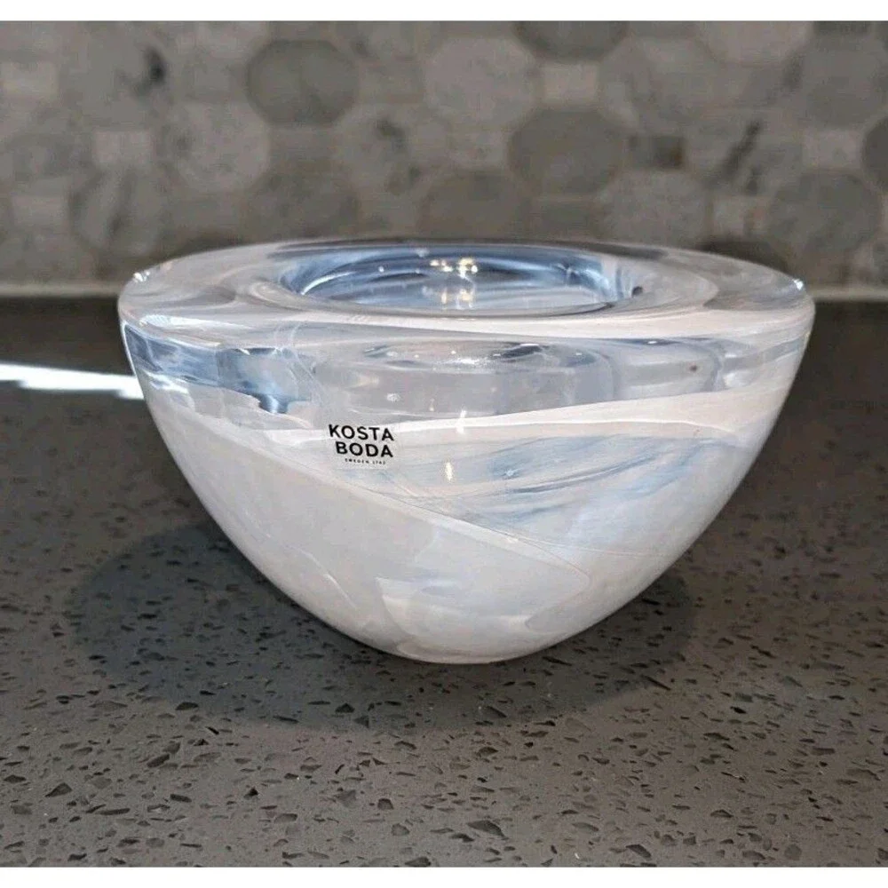 Kosta Boda Atoll Votive White Swirl Glass Anna Ehrner Sweden